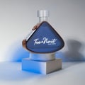 Armaf Tres Nuit — Blue triangular bottle with leather accents on a white pedestal with blue lighting.