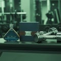 Armaf Tres Nuit — Blue triangular perfume bottle and navy box with leather accent, next to dumbbells on a gym bench.