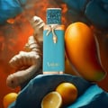 French Avenue Vulcan Feu — Teal perfume bottle with gold snake accent, surrounded by ginger, mango, and lemons on blue rocks.