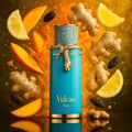 French Avenue Vulcan Feu 100 ml EDP — A turquoise bottle with a gold snake coiled around its neck, surrounded by ginger, mango slices, lemon wedges, and dark oval seeds against a vibrant orange and yellow splash background.