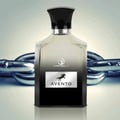 Grandeur Avento Perfume Man 100ml EDP Grandeur — A clear glass perfume bottle with a black cap and silver accents, featuring a black label with a horse silhouette and the text 'AVENTO' and 'GRANDEUR', set against a background of metallic chain links.