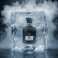 Grandeur Avento Perfume Man 100ml EDP — A dark glass perfume bottle encased in a large block of ice, with wisps of smoke or vapor swirling around it against a dark background.