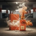 Grandeur Beach Coral by Grandeur 100 ml for Women — Fragrance bottle and box with orange smoke and shattered glass fragments in a parking garage setting
