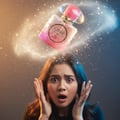 Grandeur Candy Rose – A woman with a surprised expression looks up at a floating perfume bottle emitting sparkling light particles.