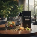 Grandeur Codice Profumo Man by Grandeur Elite – 100 ml for Men, with a clear glass perfume bottle spilling cardamom pods, mandarin slices, and apple pieces onto a wooden table, next to a black product box.