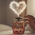 Grandeur Opulent Bloom Red by Grandeur Elite 100 ml for Women — Perfume bottle with a heart-shaped smoke plume rising from the cap, a hand reaching towards it, on a white surface.