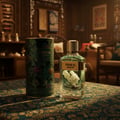 Grandeur Tribal Exotic by Grandeur 100ml EDP Men — A clear glass perfume bottle with a gold cap and a white flower inside, next to its matching green floral patterned cylindrical box, displayed on a patterned dark green tablecloth.
