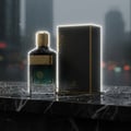 Grandeur Tribal Intense by Grandeur 100ml EDP Men — A dark green glass perfume bottle with a gold cap and band, next to its black box, on a wet marble surface with rain falling in the background.