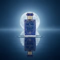Grandeur Calabria Cerulean by Grandeur Elite 50ml for Him — Blue speckled bottle with gold accents and blue gem cap, reflected in water under a large full moon.