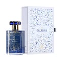 Grandeur Calabria Cerulean by Grandeur Elite 50ml for Him — Blue glass perfume bottle with gold accents and a jeweled cap, next to its white patterned box.