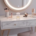 Grandeur Candy White by Grandeur – 100 ml for Women, a clear glass perfume bottle with a white cap, placed on a marble vanity with makeup brushes, lipstick, and a compact mirror.