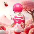 Grandeur Cherry Luxe by Grandeur Tubbees For Her 50ml — A pink-capped perfume bottle with lychee illustrations, surrounded by fresh lychees and cherry blossoms.