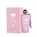Grandeur Dakota by Grandeur Elite 100ml EDP – Botol minyak wangi wanita bersama kotak merah jambu, menampilkan penutup sfera perak dan juntai.