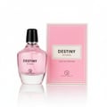 Grandeur Destiny by Grandeur Elite 100 ml EDP Women — Pink perfume bottle with a black cap next to its matching pink box, both featuring the 'Destiny Women' label and Grandeur logo.