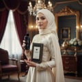 Grandeur Glamour Woman by Grandeur Elite 100ml — Woman in a cream hijab and dress holding a black perfume bottle and its box, with ornate interior background.