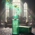 Grandeur Avenue London 100ml EDP – Grandeur Perfume, a green cracked glass bottle with a green cap, emitting green mist with orchids, next to a green box on a patterned surface.