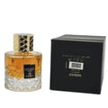 Grandeur Montage Intense 100ml EDP — Glass perfume bottle with gold patterned cap and diamond-cut base, next to its black product box with barcode and Arabic text.