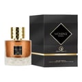 Grandeur Montage Intense 100ml EDP — A clear glass perfume bottle with amber liquid and a gold patterned cap, next to its black and gold patterned box.