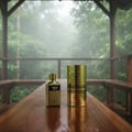 Grandeur Tribal Gold Man by Grandeur 100ml EDP Men — Gold perfume bottle and matching cylindrical case on a wooden table, with a blurred rainy forest background.