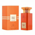 Grandeur Beach Coral Eau de Parfum — Orange perfume bottle and matching box with white label, on a white background.