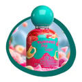 Grandeur Pink Sugar by Tubbees Grandeur – 50 ml for Her, a pink glittery perfume bottle with a teal cap, surrounded by colorful candy-like props and a teal oval frame.