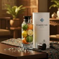 Grandeur Soaked Sun Exclusif by Grandeur Elite EDP 100 ml — A clear glass bottle filled with citrus fruits like oranges, limes, and lemons, standing next to a white cylindrical box. Scattered glass shards are on the wooden table.