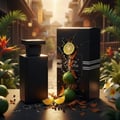 Grandeur Ultra Famous by Grandeur Elite – 100 ml for Men, a black perfume bottle and its shattered black box with lime, cinnamon, and peppercorns, set against a blurred street background with tropical plants.