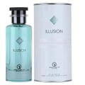 Grandeur Illusion by Grandeur 100 ml EDP Men — A clear glass perfume bottle with light blue liquid and a black cap, next to its white cylindrical box with silver trim.
