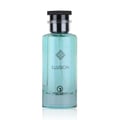 Grandeur Illusion by Grandeur 100 ml EDP Men — A clear turquoise glass perfume bottle with a black cap, featuring a geometric logo and the text "ILLUSION" and "GRANDEUR ELITE" on the front.