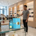 Grandeur Port La Mer Grandeur Elite 100ml EDP — Man holding a turquoise perfume bottle next to a matching blue box with gold stripes on a glass counter in a store.