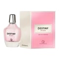 Grandeur Destiny by Grandeur Elite 100 ml EDP Women — Pink perfume bottle with silver cap next to its pink and white box
