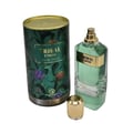 Grandeur Tribal Exotic by Grandeur 100ml EDP Men — Green patterned cylindrical box with gold lid, a clear glass perfume bottle with green liquid and gold label, and a gold cap.