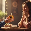 Grandeur Montage by Grandeur Intense 100ml EDP — A man's hands present a clear glass perfume bottle with gold patterned cap and intricate glass base to a surprised woman covering her mouth.