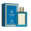 Grandeur Paradox Gold by Grandeur Elite 100 ml Man — Blue box with gold trim and circular emblem next to a teal glass perfume bottle with a gold ribbed cap and gold label.