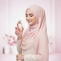 Grandeur Perfectly Pink by Grandeur Woman 100ml — Woman in a pink hijab holding a pink perfume bottle, smiling gently, with a soft pink floral background.