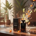 Grandeur Codice Profumo Man by Grandeur Elite — Black perfume bottle and box on a wooden table with splashing water, sliced apples, and mandarin oranges.