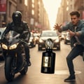 Grandeur Mountain Nuit Paris 100ml EDP Grandeur Elite for Men — A black perfume bottle with a gold fluted cap stands on a city street, with a motorcyclist on the left and a man reaching out on the right.
