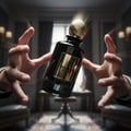 Grandeur Mountain Nuit Paris 100ml EDP Grandeur Elite for Men — Black perfume bottle with gold cap and label, levitating between two hands in a luxurious room.