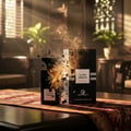Grandeur Ultra Famous by Grandeur Elite – 100 ml for Men, a black perfume bottle and its box exploding with smoke and debris, set on a patterned runner on a wooden table.