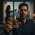 Grandeur Montage by Grandeur Intense 100ml EDP — Man crying, holding a clear glass perfume bottle with a gold patterned cap and diamond-cut glass base, woman in background holding a glass.