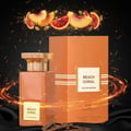 Beach Coral by Grandeur 100 ml for Women — Orange perfume bottle and box with gold accents, surrounded by glowing orange light trails and fruit slices.