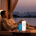 Grandeur Soaked Sun Exclusif by Grandeur Elite EDP 100 ml — Man relaxing on a sofa by a window overlooking a city skyline at dusk, with perfume bottle and cylindrical packaging on a table.
