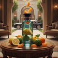 Grandeur Soaked Sun Exclusif by Grandeur Elite EDP 100 ml — A turquoise bottle of perfume sits on a wooden table surrounded by citrus fruits like lemons, limes, and oranges. Sliced oranges and mandarins are scattered around, with some mandarin slices floating above the bottle.