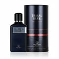 Grandeur Tribal Blue Man by Grandeur 100ml EDP Men — A dark blue perfume bottle with a silver label reading 'TRIBAL BLUE' stands next to its matching cylindrical dark blue box with red stripes and 'TRIBAL BLUE EAU DE PARFUM' text.