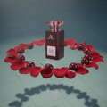 Grandeur Ultra Cherry by Grandeur – 100 ml for Women perfume bottle surrounded by red rose petals and cherries on a reflective surface with a blue gradient background.