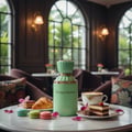 Honeymoon by Gulf Orchid Unisex 100ml — Green perfume bottle with gold accents on a marble table with macarons, croissant, cake, and coffee.