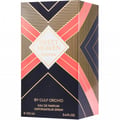 Gulf Orchid Sweet Heaven Extreme — Kotak perfume corak geometri hitam emas, dengan aksen coral dan label berbentuk berlian.