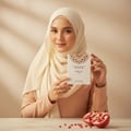Gulf Orchid Pomegranate Musk 60ml For Her — Woman in hijab holding a perfume box, with sliced pomegranates and seeds on a wooden table.
