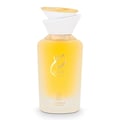 Gulf Orchid Sham Perfume Woman Gulf Orchid – Her 100 ml, botol minyak wangi cecair kuning dengan penutup putih dan emas, bertulis kaligrafi Arab.