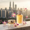 Gulf Orchid Sham Perfume Woman Gulf Orchid – Her 100 ml, bersama balang krim, orkid merah jambu, dan kelapa parut berlatar belakang langit bandar.